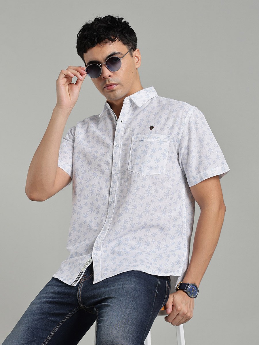 Men White Leaf Print Linen Cotton Shirt