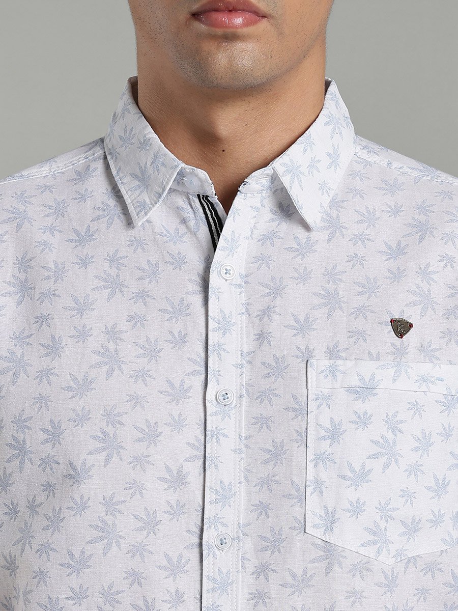 Men White Leaf Print Linen Cotton Shirt