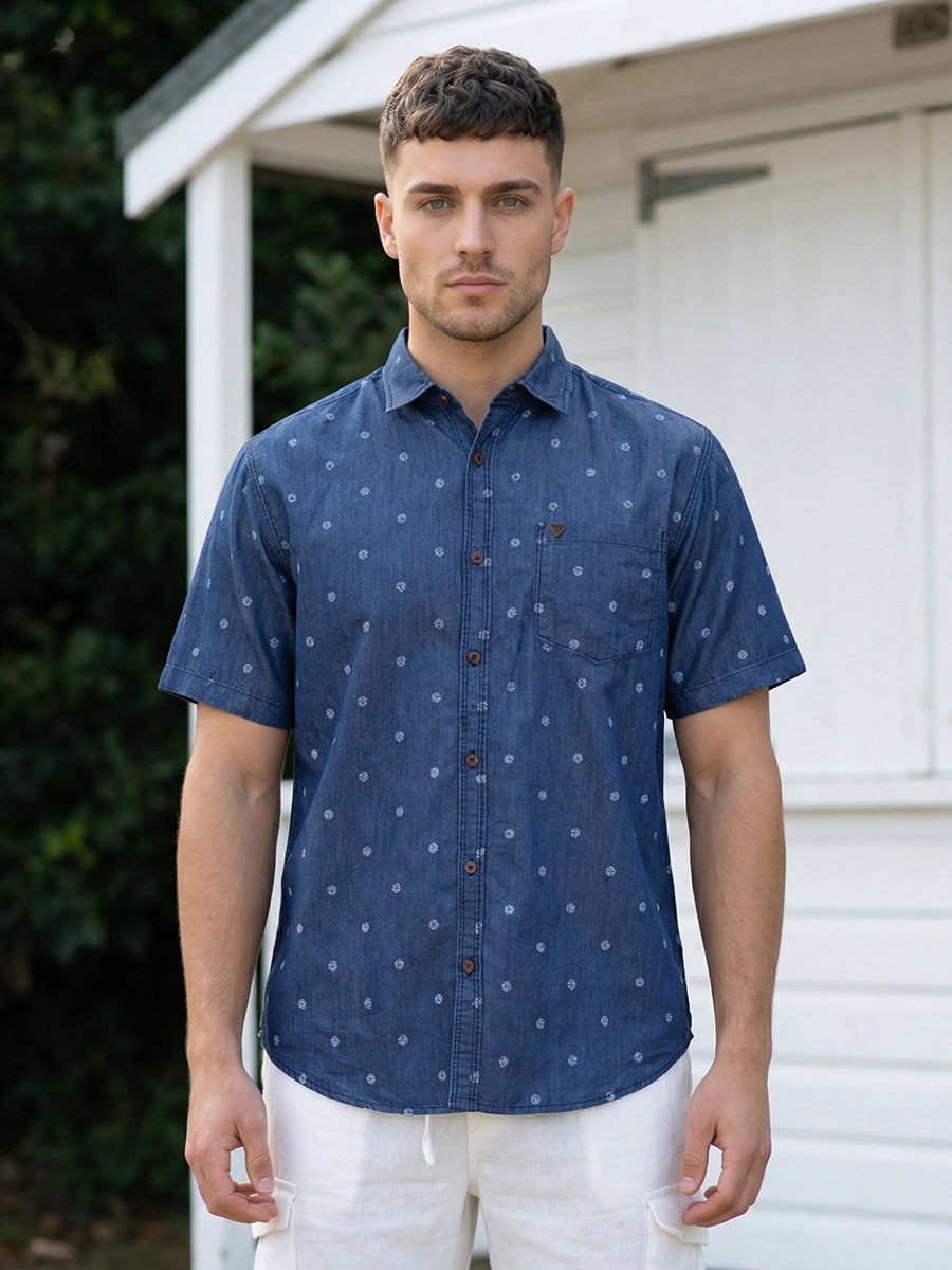 Men Blue Denim Print Short Sleeve Shirt