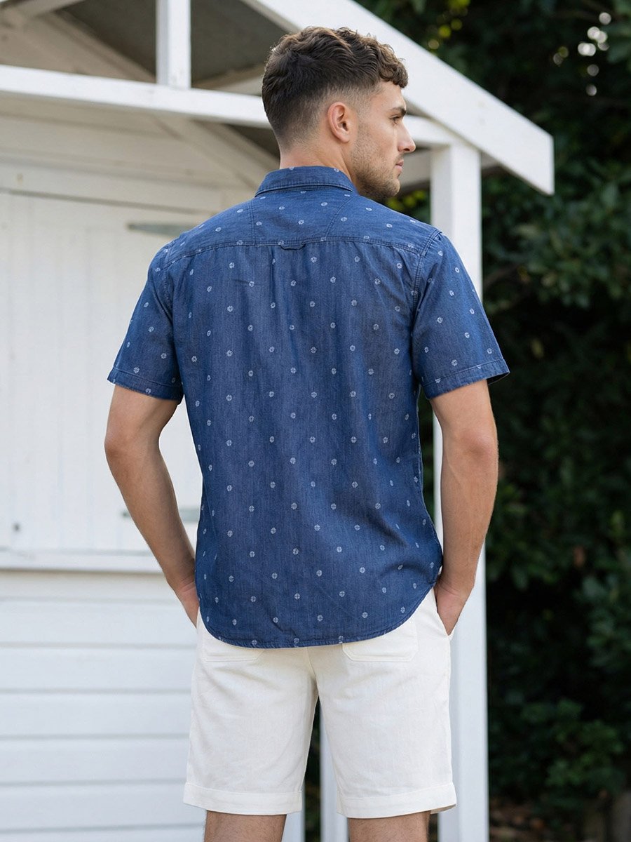 Men Blue Denim Print Short Sleeve Shirt