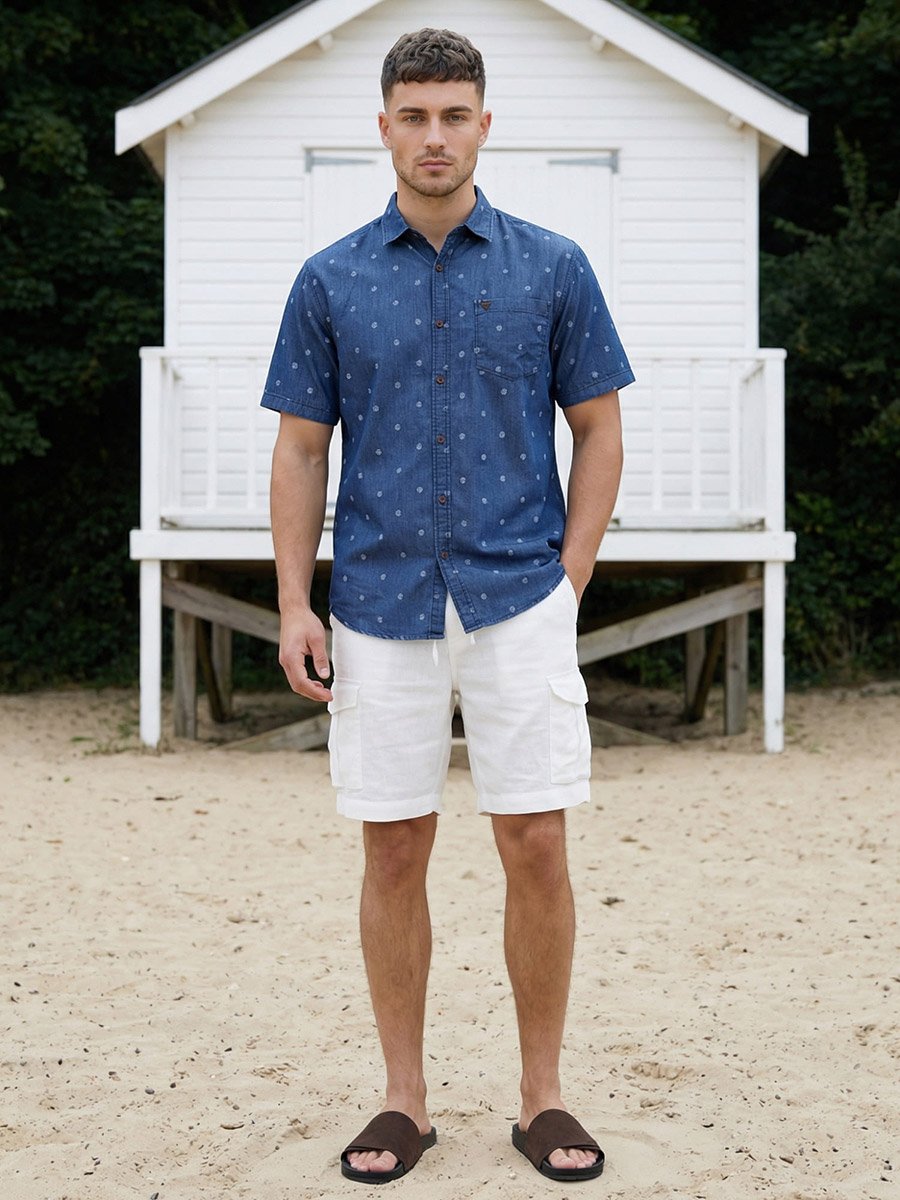 Men Blue Denim Print Short Sleeve Shirt