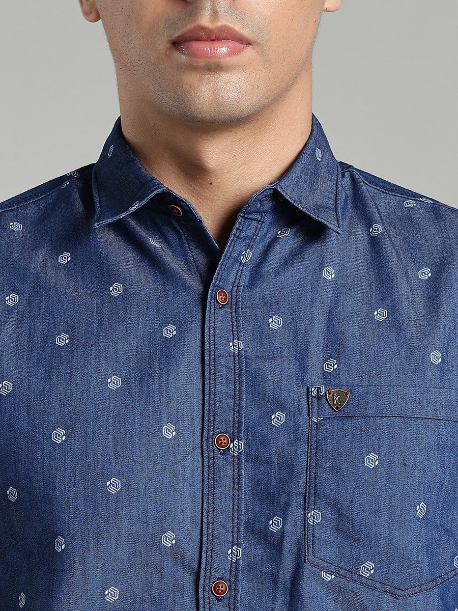 Men Blue Denim Print Short Sleeve Shirt