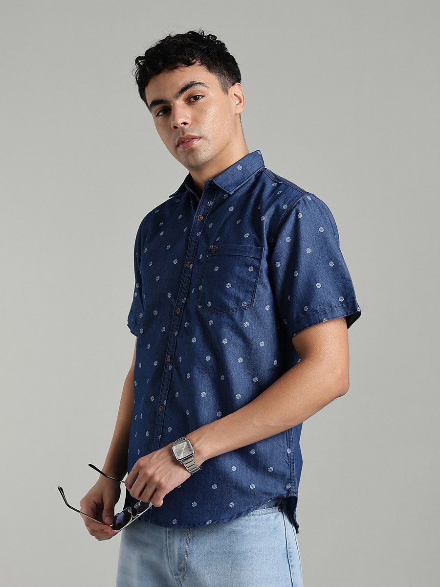Men Blue Denim Print Short Sleeve Shirt