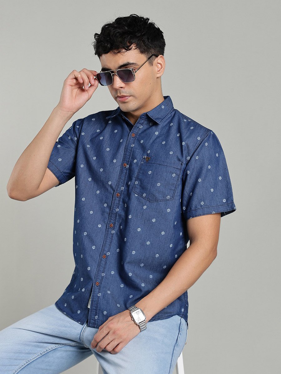 Men Blue Denim Print Short Sleeve Shirt