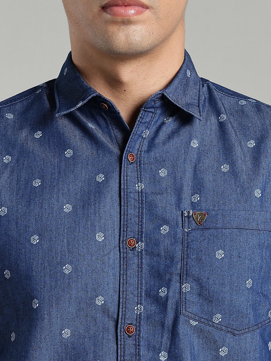 Men Blue Denim Print Short Sleeve Shirt