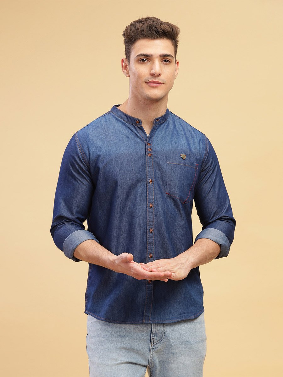 Men Blue Denim Mandarin Collar Shirt