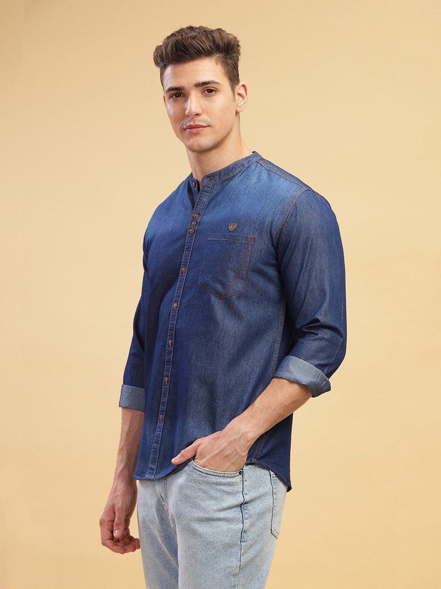 Men Blue Denim Mandarin Collar Shirt