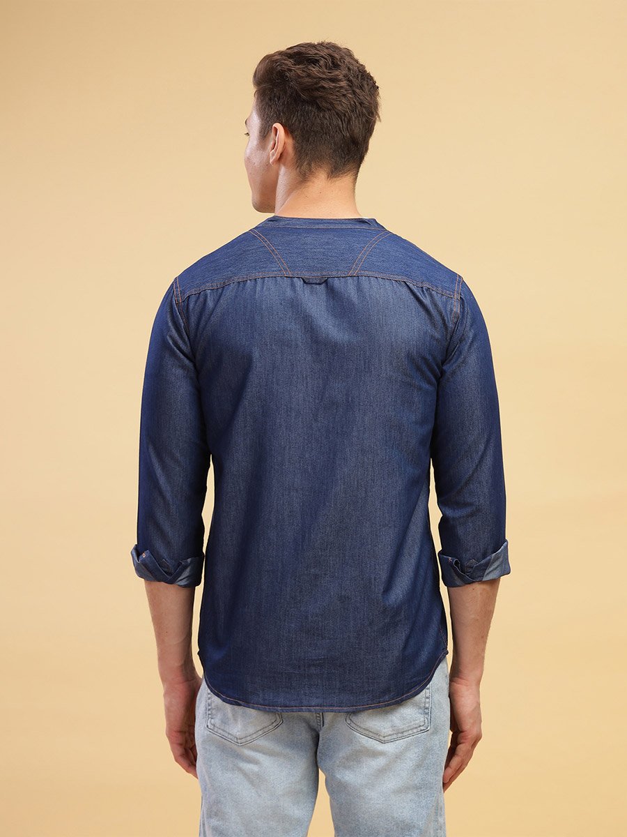 Men Blue Denim Mandarin Collar Shirt