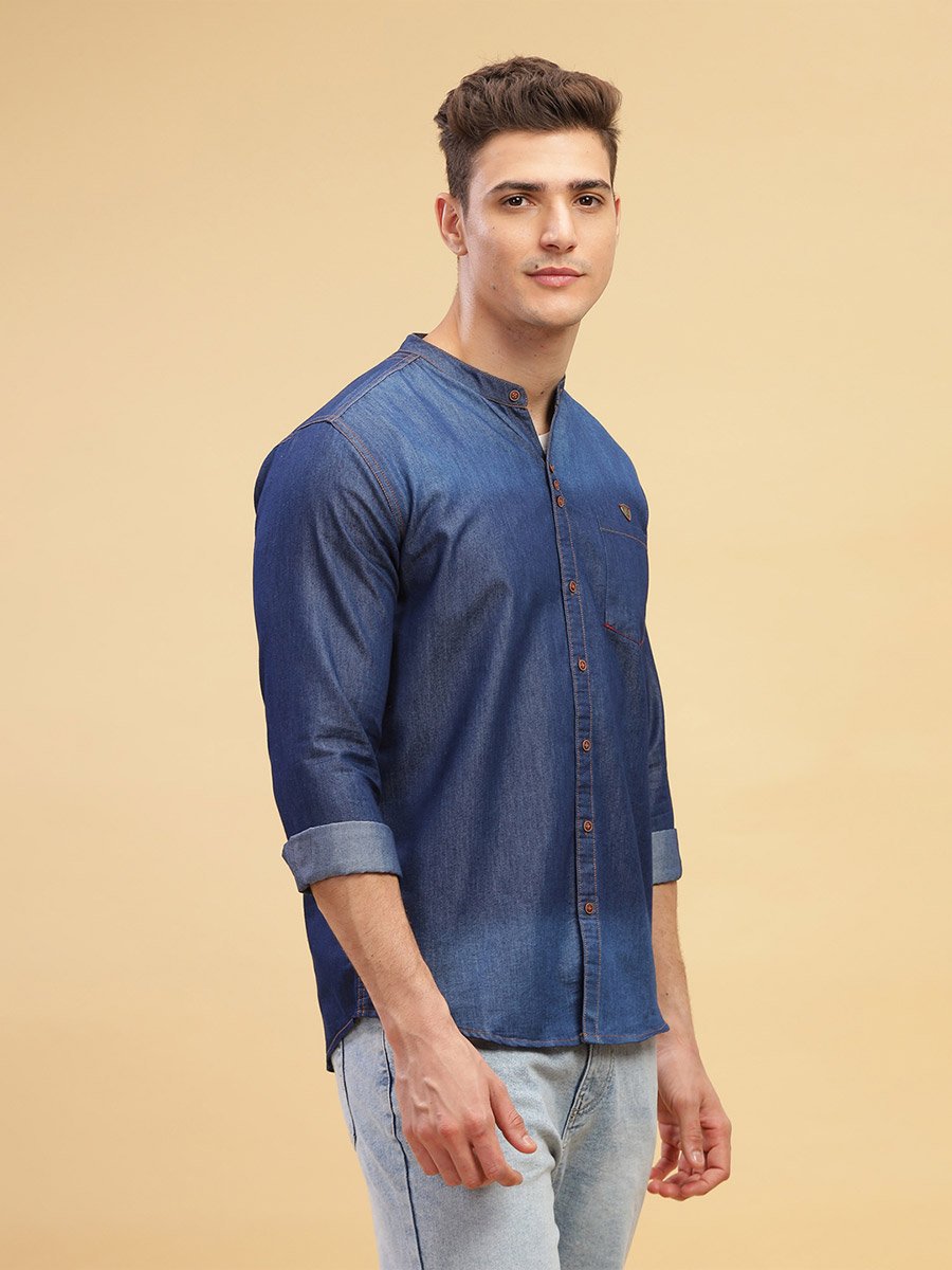 Men Blue Denim Mandarin Collar Shirt