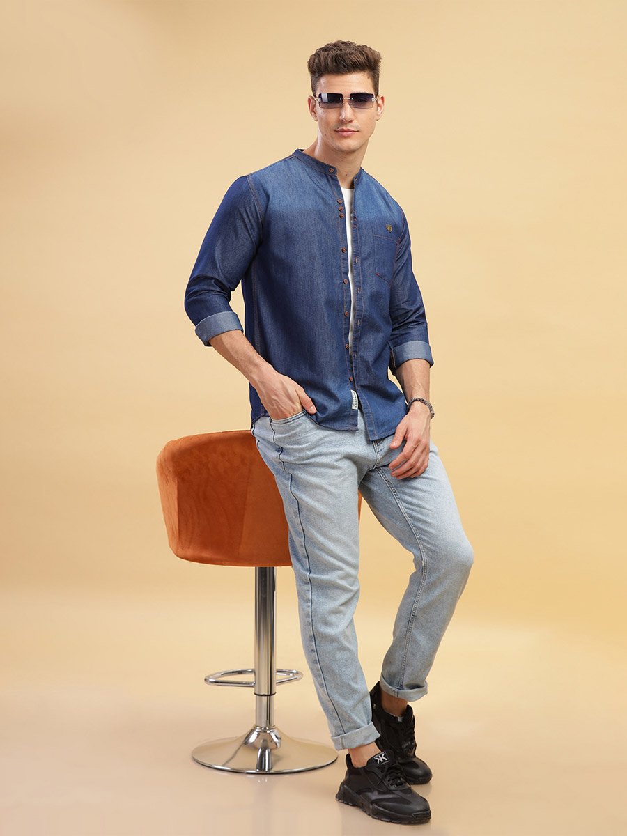 Men Blue Denim Mandarin Collar Shirt