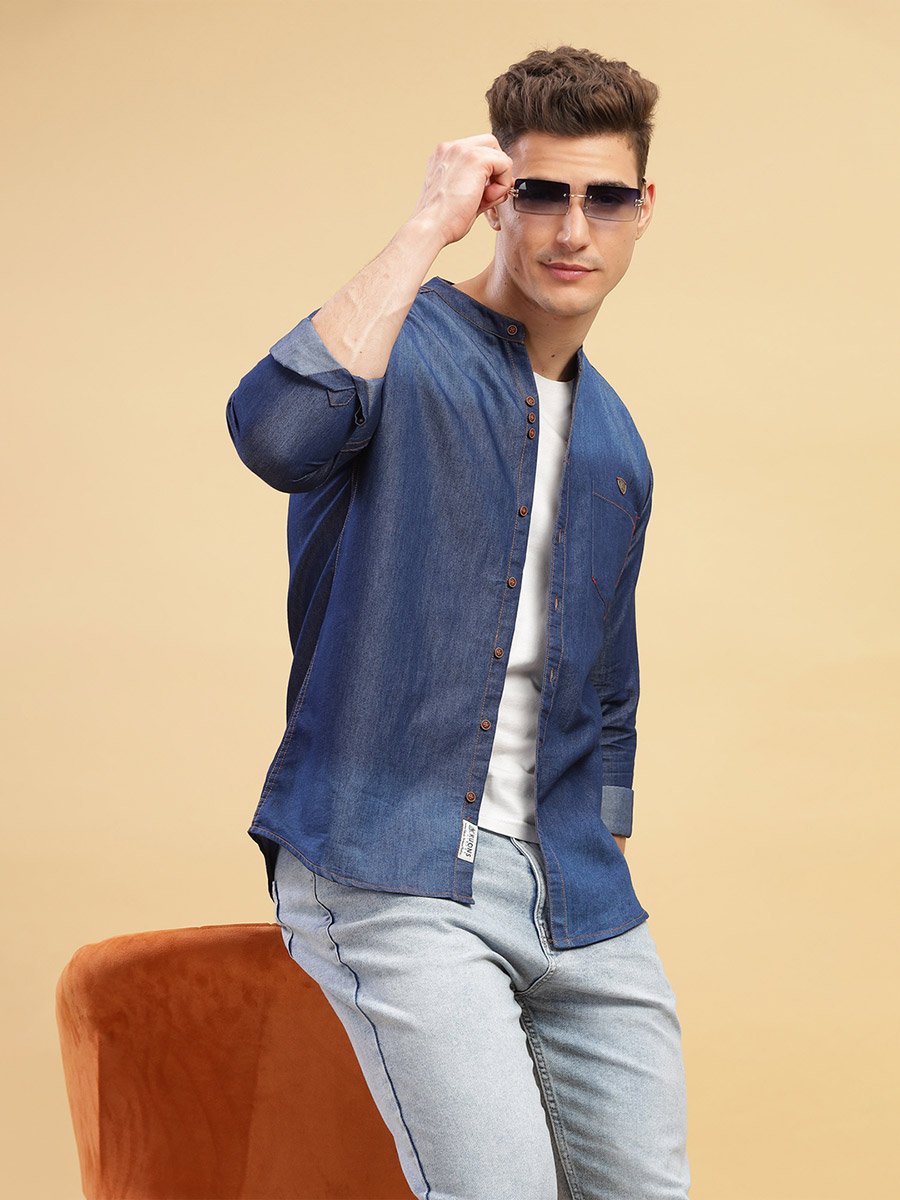 Men Blue Denim Mandarin Collar Shirt