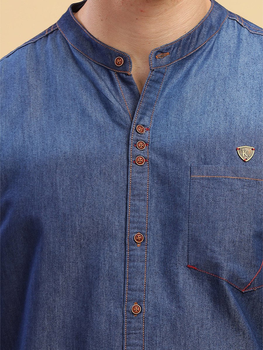 Men Blue Denim Mandarin Collar Shirt