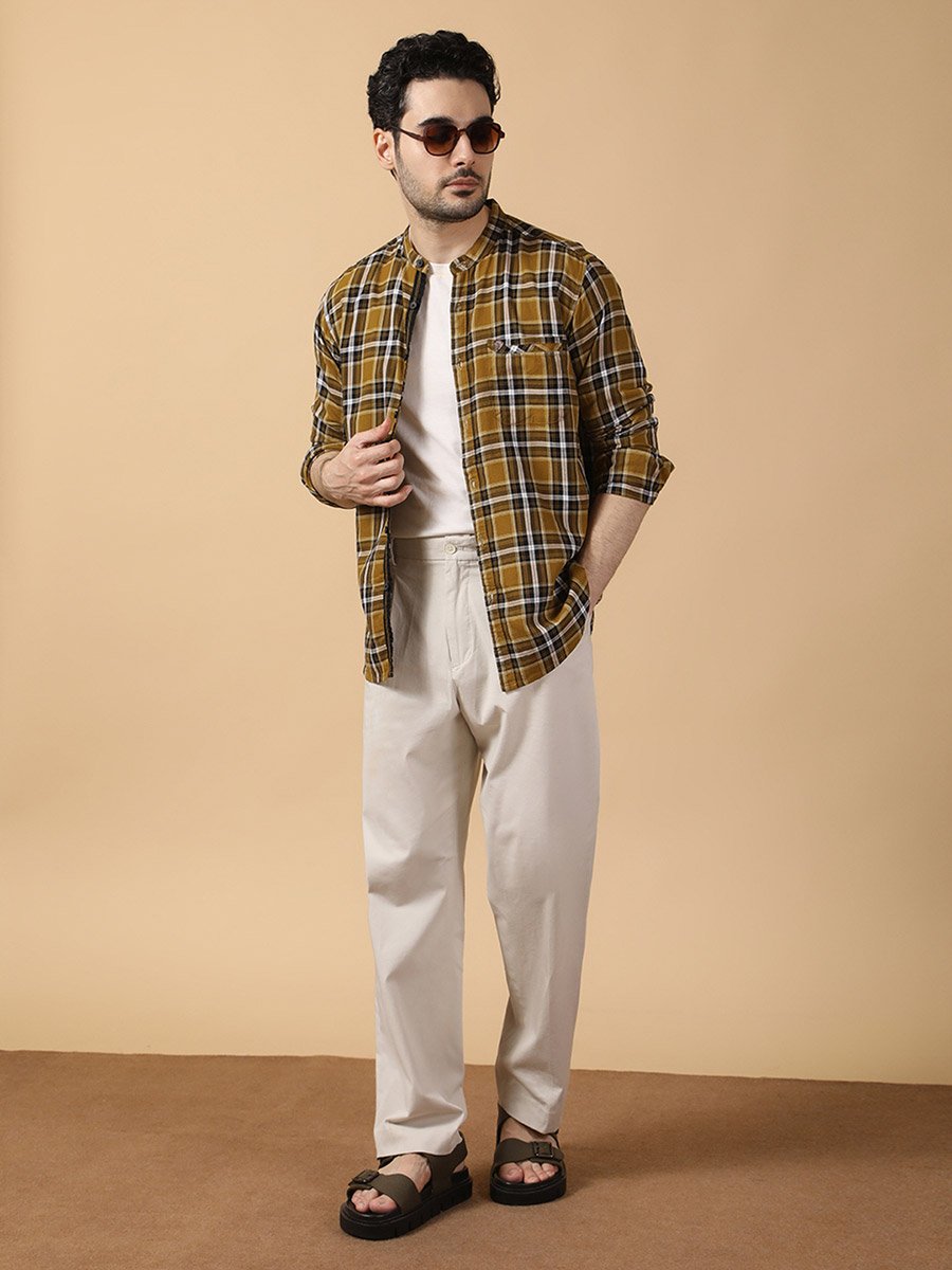 Men Checked Stand Collar Casual Shirt