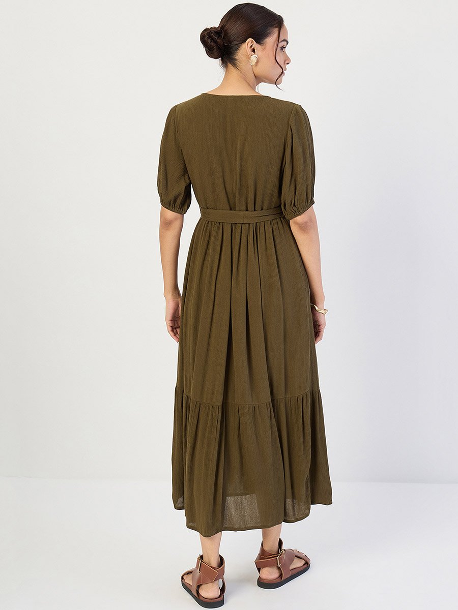 Women Olive Crinkled V-Neck Maxi Dress