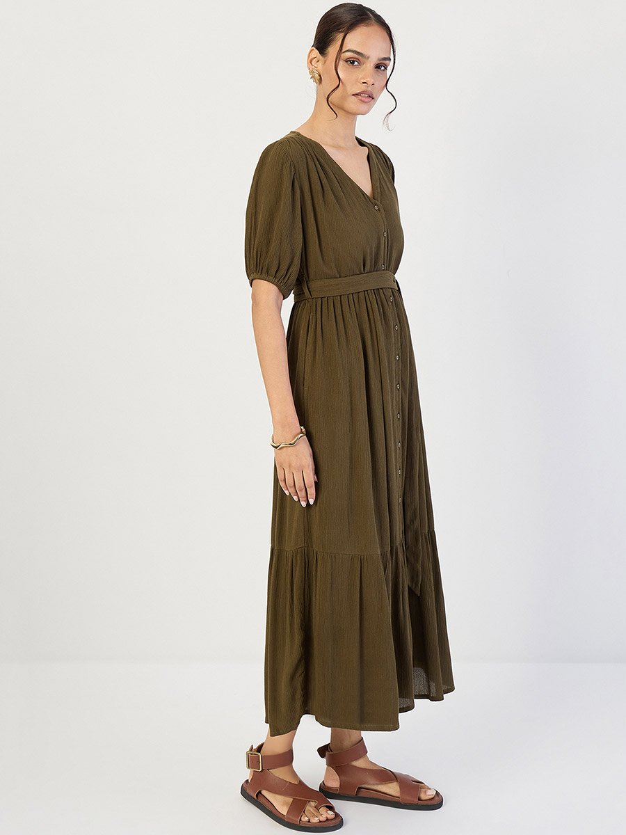 Women Olive Crinkled V-Neck Maxi Dress