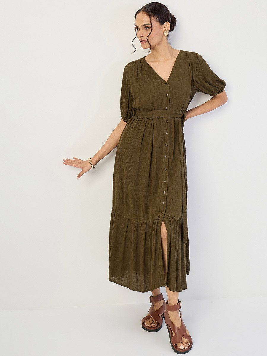 Women Olive Crinkled V-Neck Maxi Dress