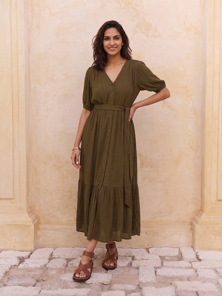 Women Olive Crinkled V-Neck Maxi Dress