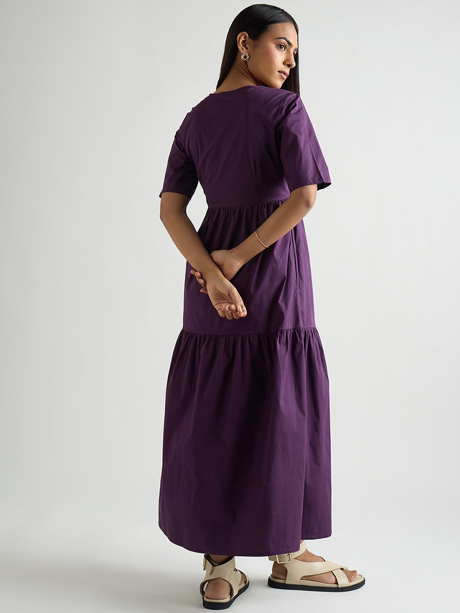 Women Deep Purple Poplin Tiered Maxi Dress