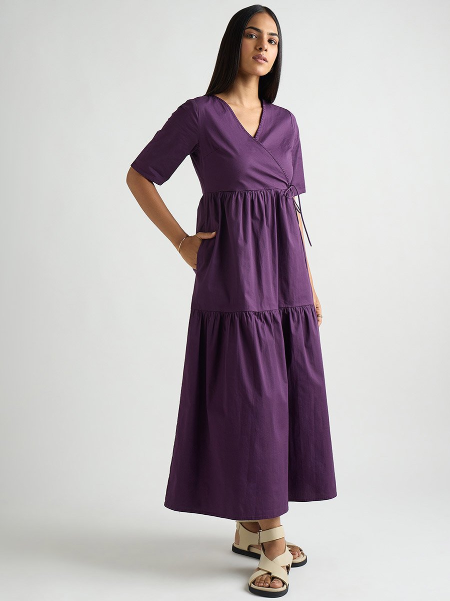Women Deep Purple Poplin Tiered Maxi Dress