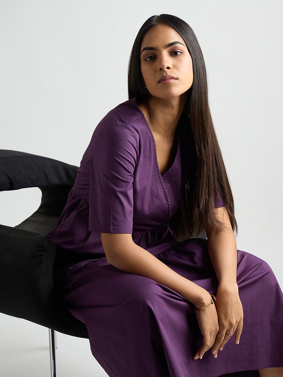Women Deep Purple Poplin Tiered Maxi Dress