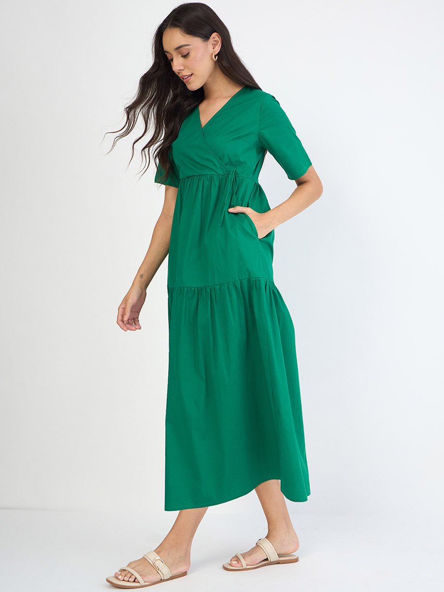 Women Green Wrap Maxi Dress