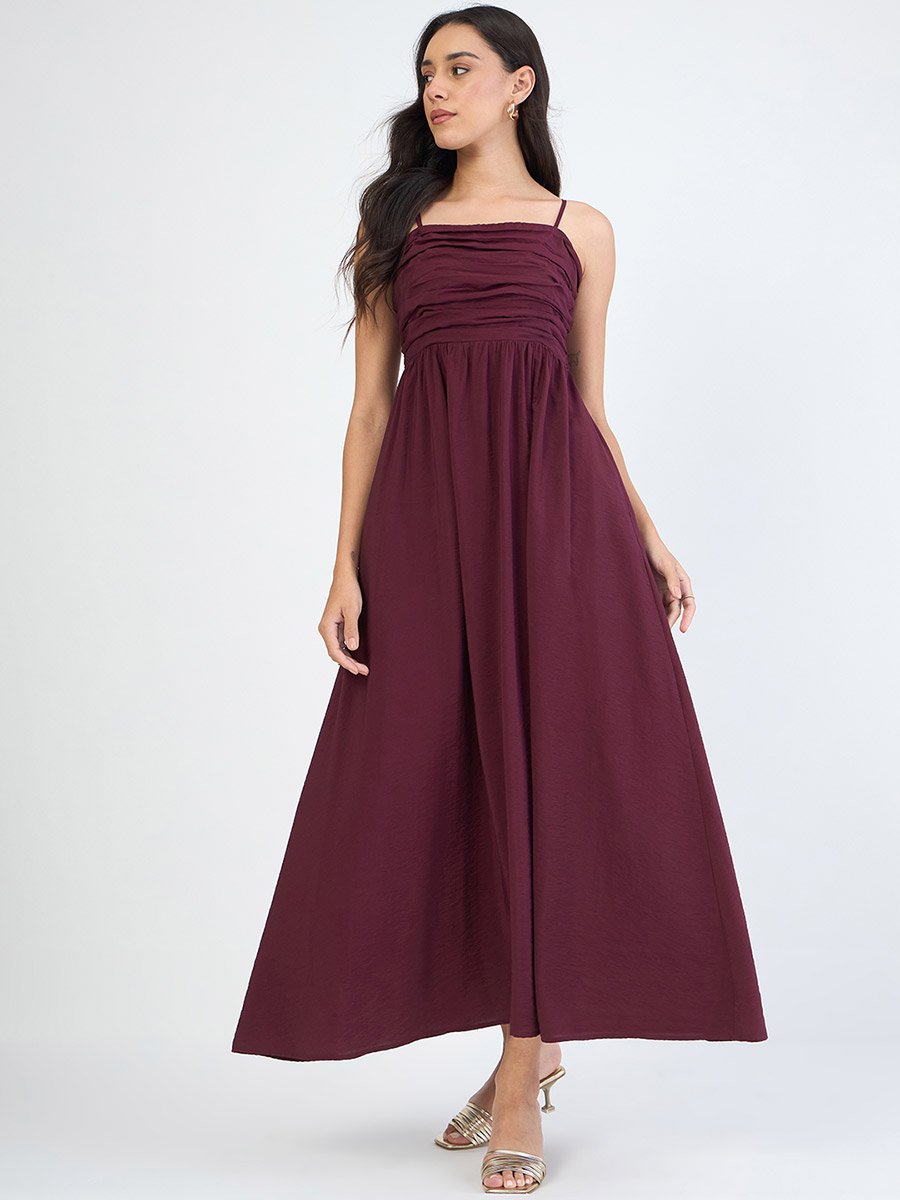 Women Burgundy Off Shoulder Ruched Detail Maxi Dress
