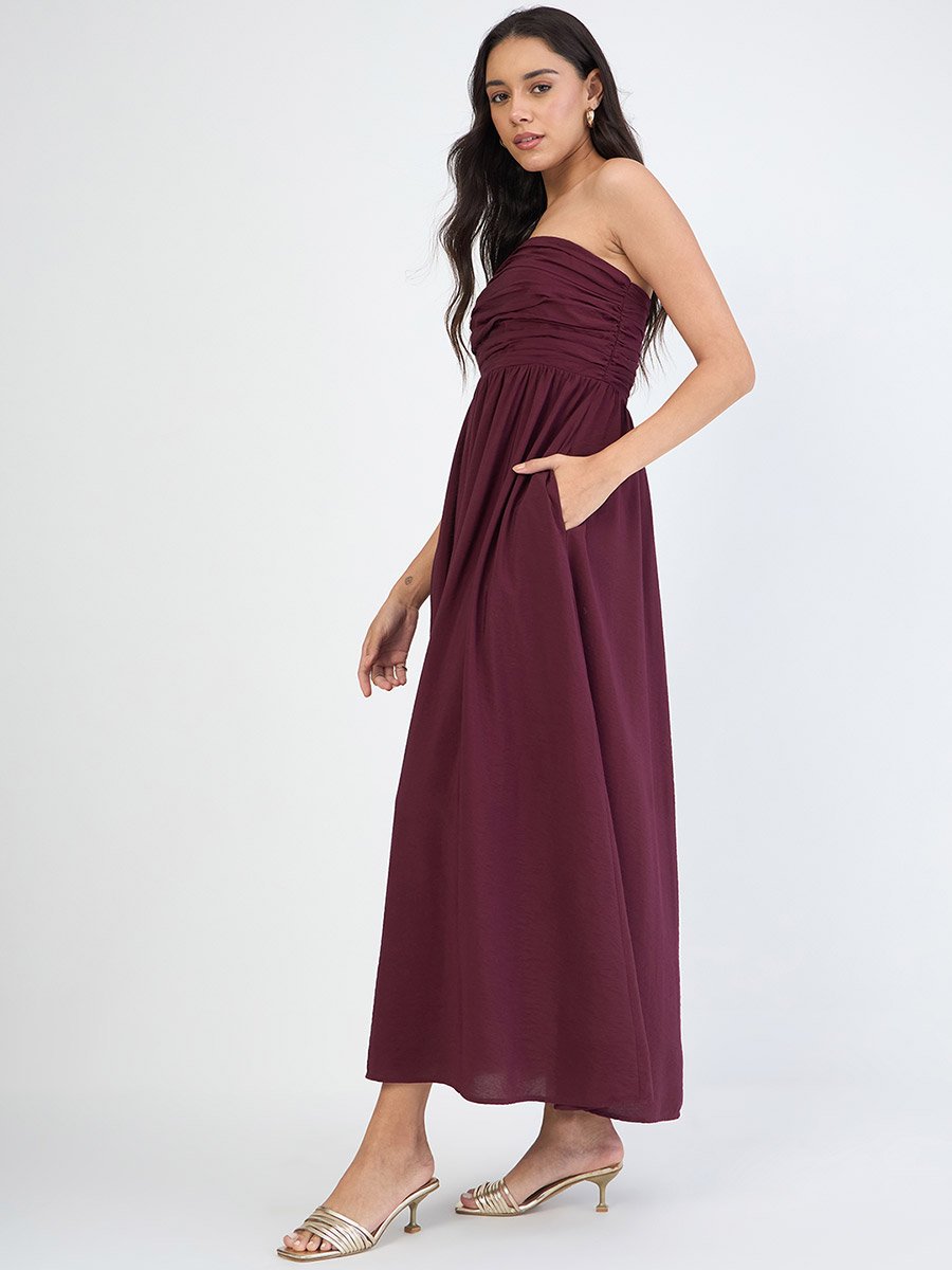 Women Burgundy Off Shoulder Ruched Detail Maxi Dress