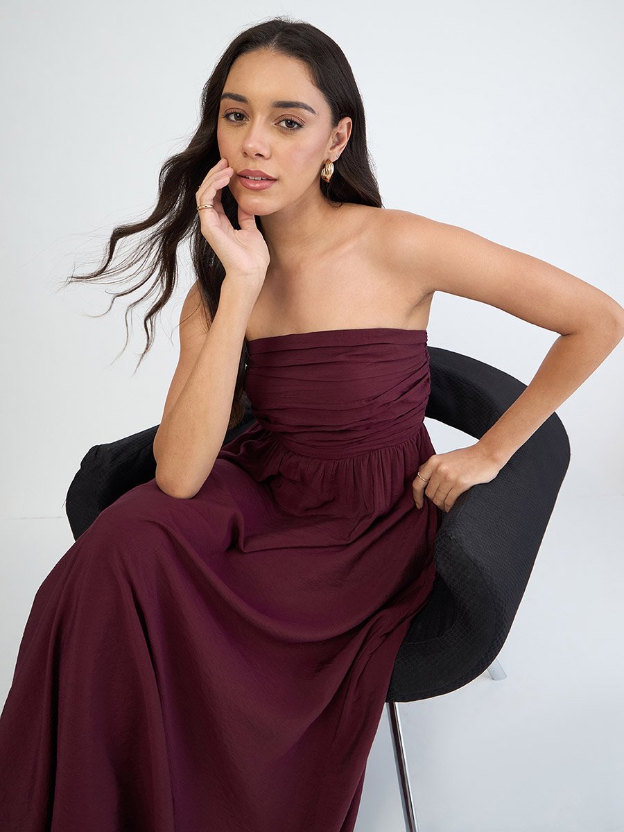 Women Burgundy Off Shoulder Ruched Detail Maxi Dress