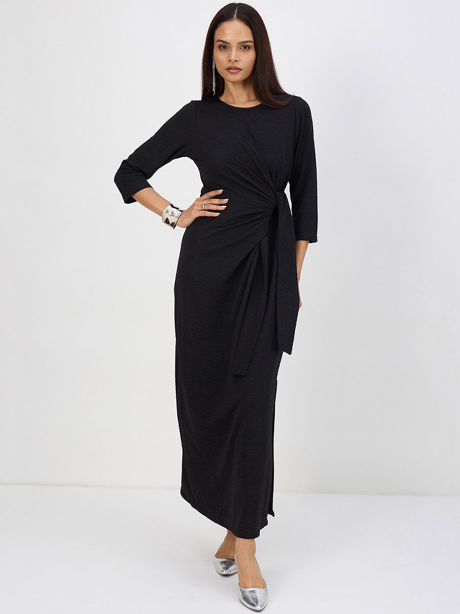 Women Black Tie-Up Maxi Dress with 3/4 Sleeves
