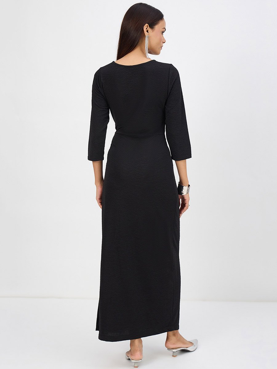 Women Black Tie-Up Maxi Dress with 3/4 Sleeves