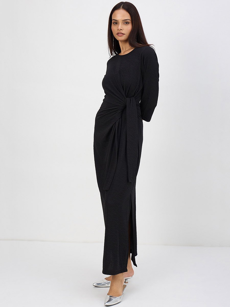 Women Black Tie-Up Maxi Dress with 3/4 Sleeves
