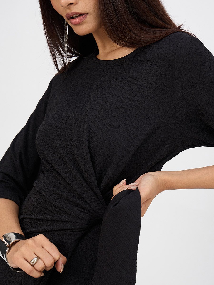 Women Black Tie-Up Maxi Dress with 3/4 Sleeves