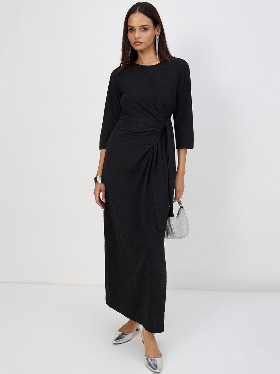 Women Black Tie-Up Maxi Dress with 3/4 Sleeves