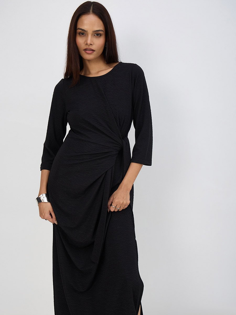 Women Black Tie-Up Maxi Dress with 3/4 Sleeves