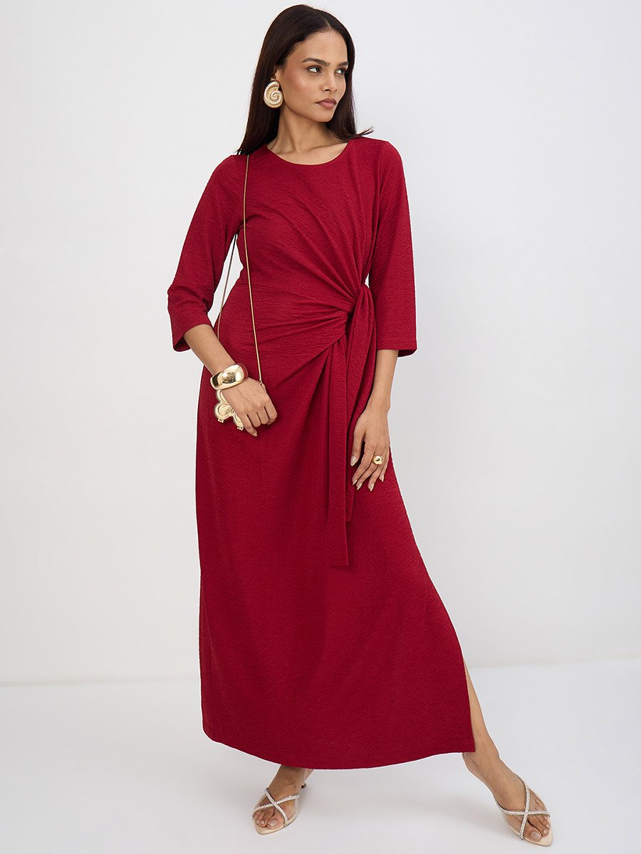 Women Deep Red Tie-Up Maxi Dress