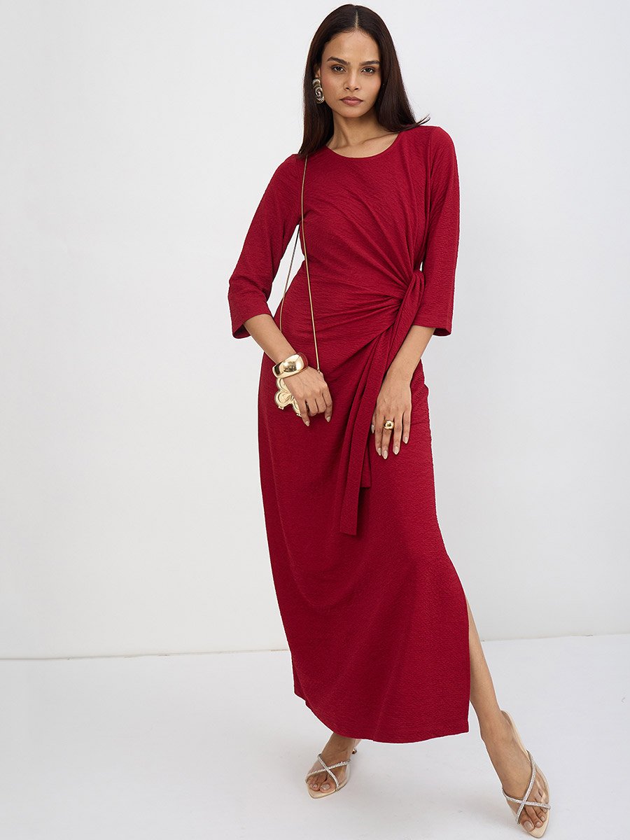 Women Deep Red Tie-Up Maxi Dress