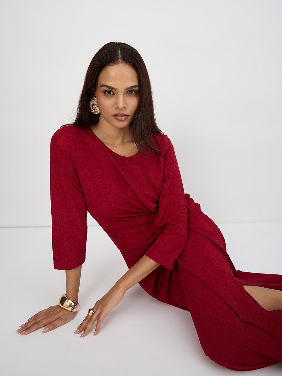 Women Deep Red Tie-Up Maxi Dress