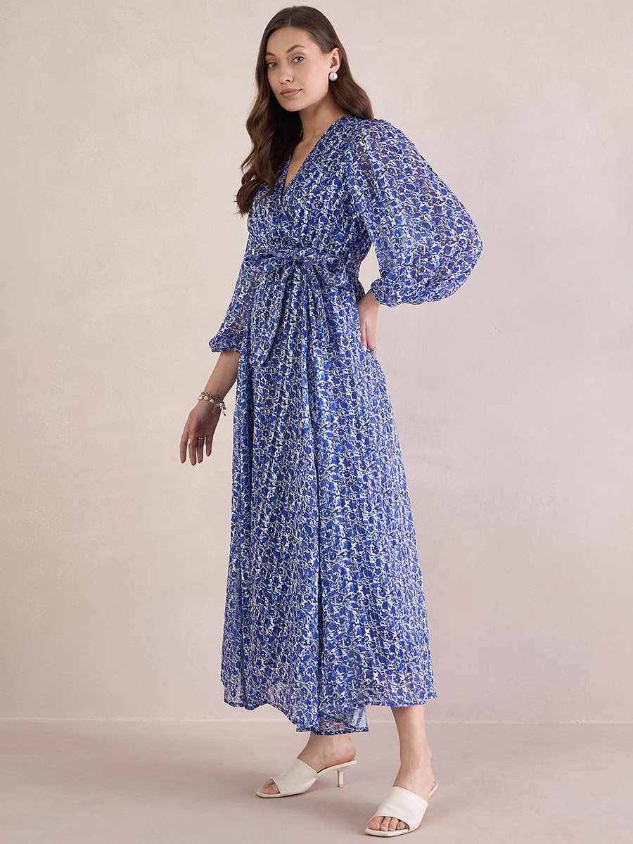 Women Blue Floral Print Wrap Maxi Dress