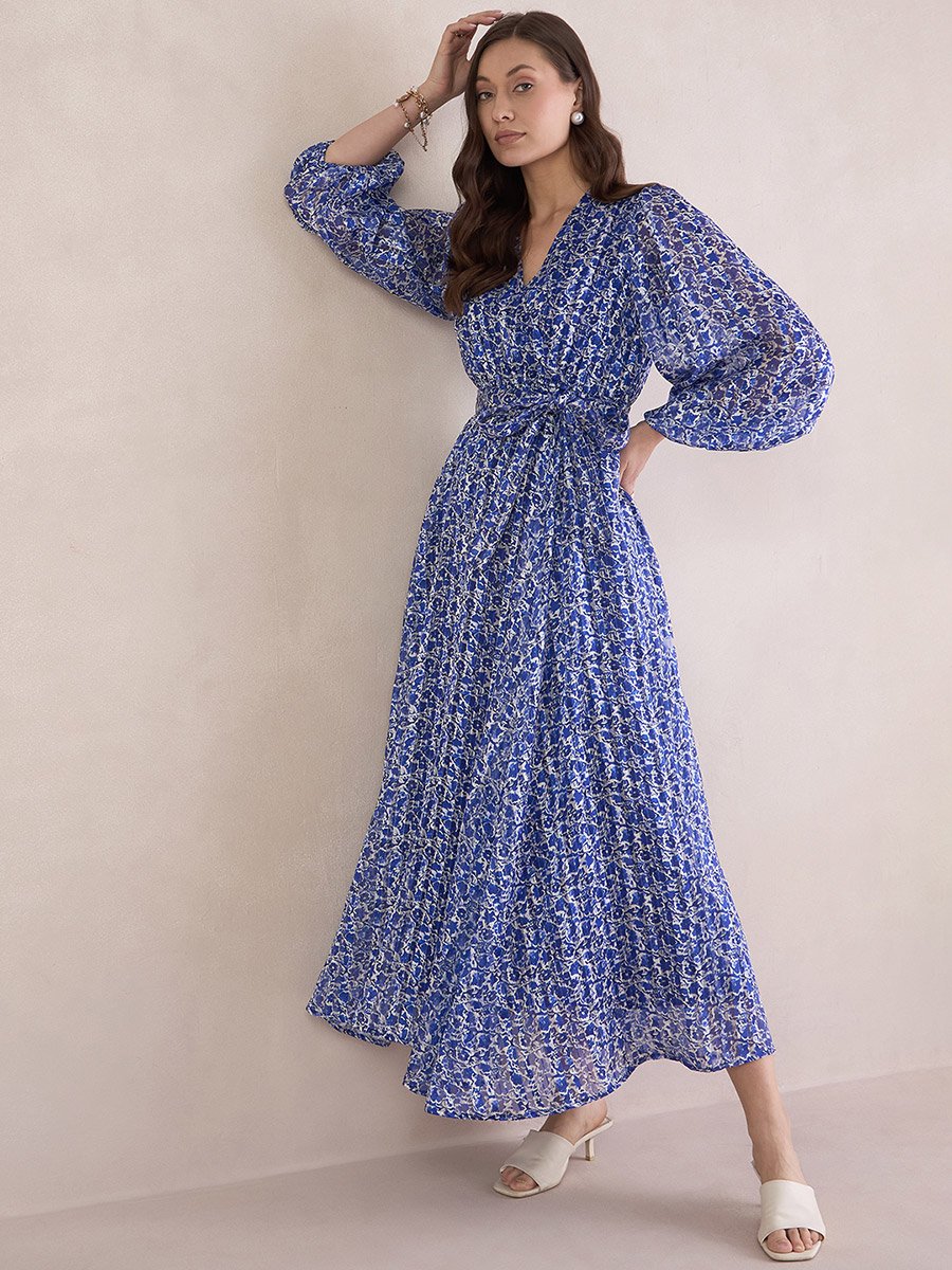 Women Blue Floral Print Wrap Maxi Dress