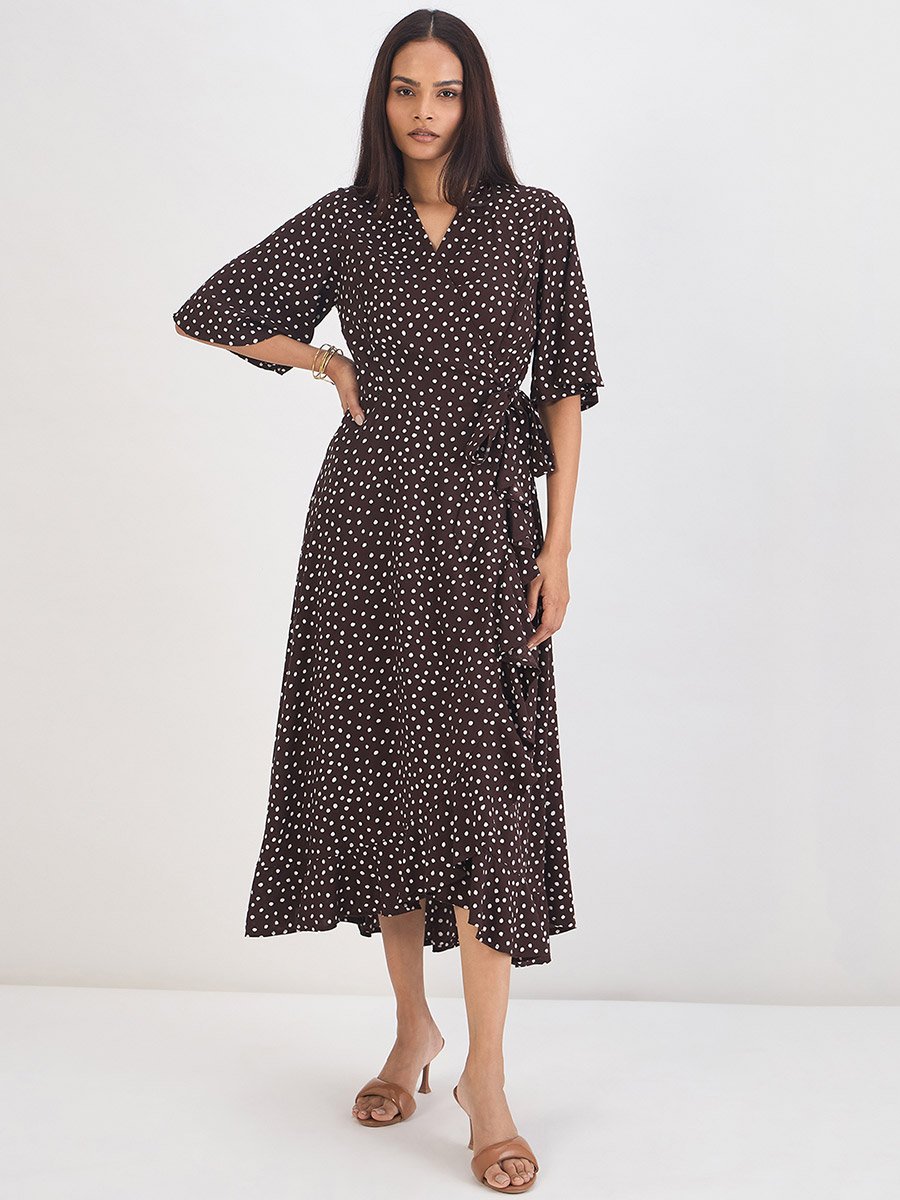 Women Brown Polka Dot Wrap Midi Dress