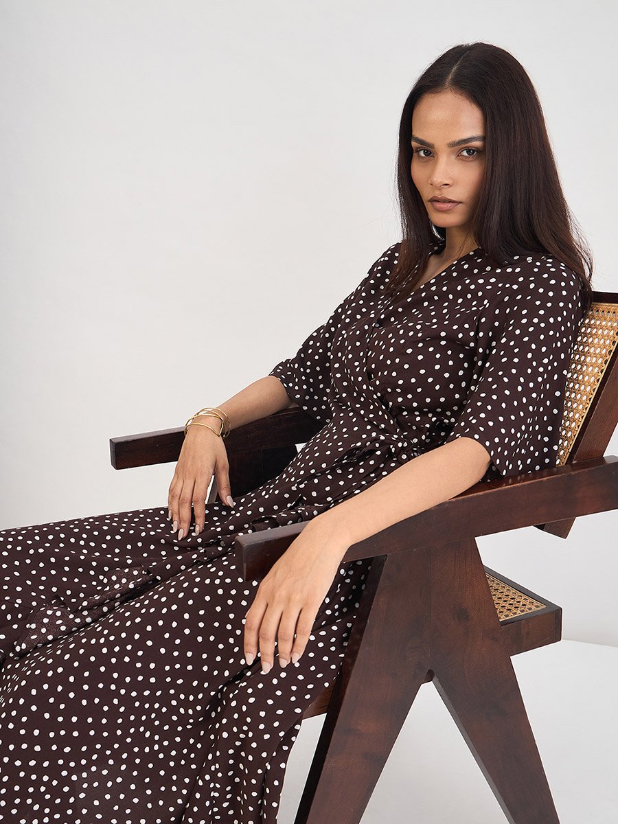 Women Brown Polka Dot Wrap Midi Dress