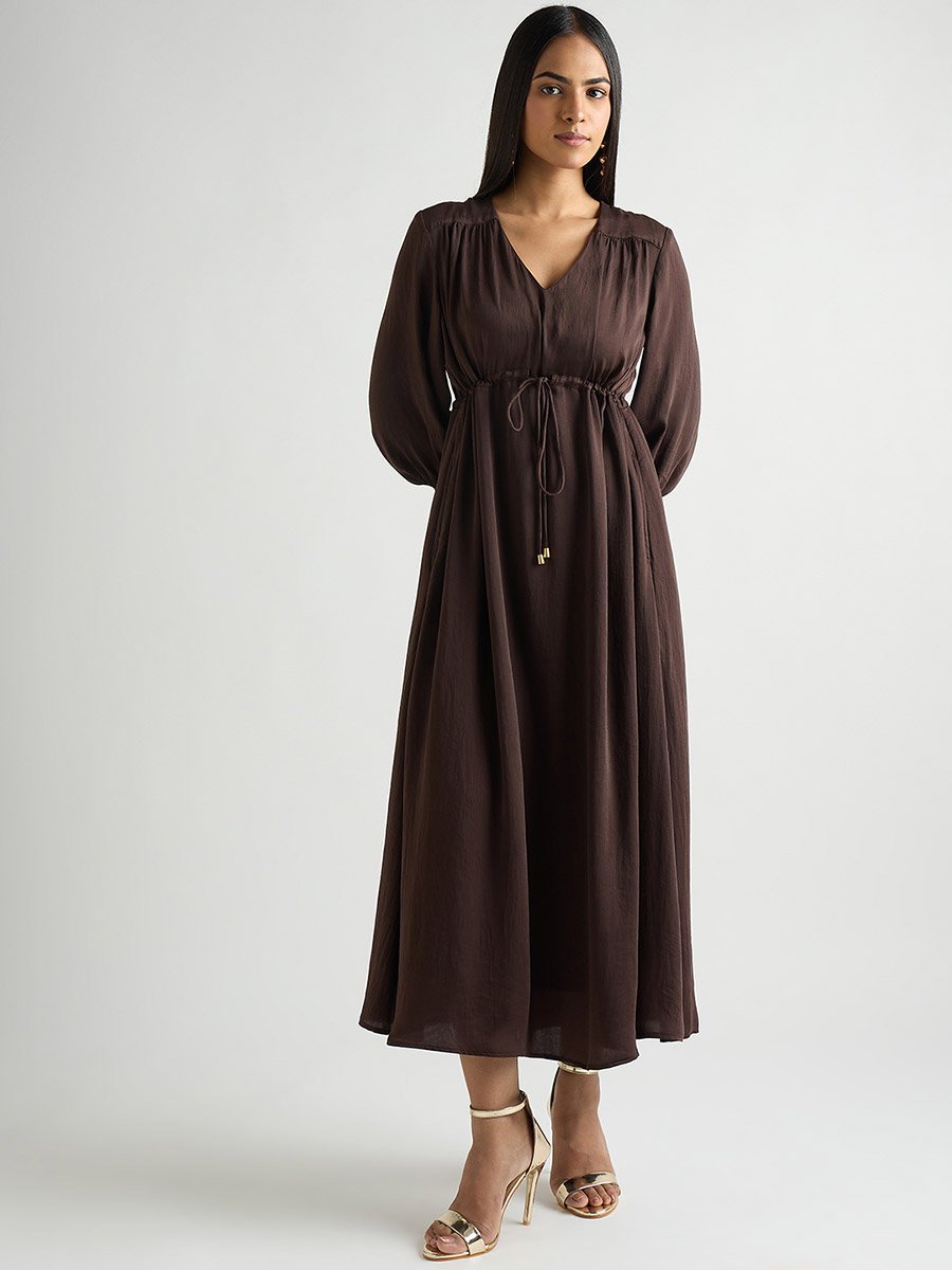 kylie jenner brown suede dress Adriana Ruched Midi Dress in Black