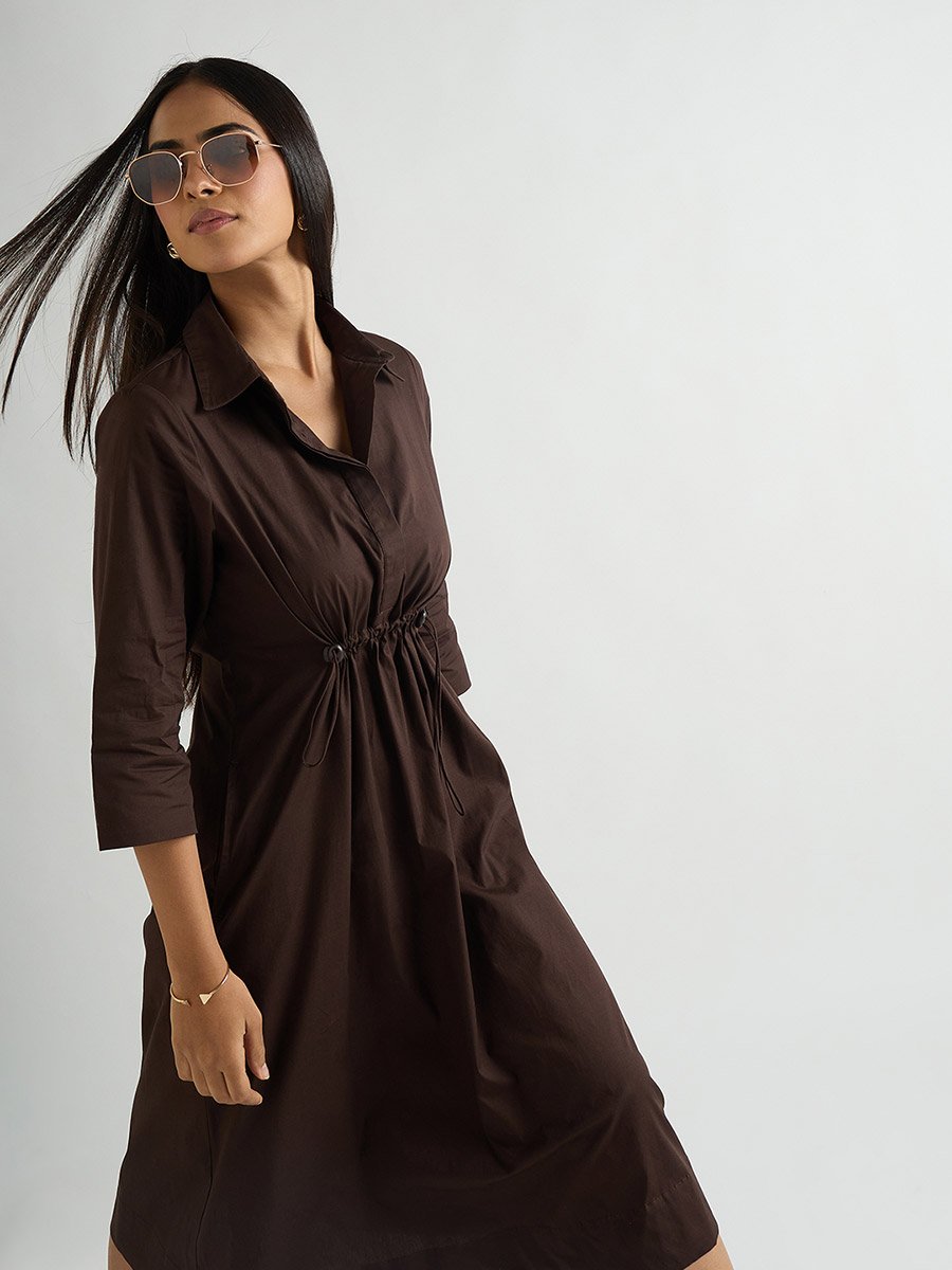 Women Coffee Brown Poplin Cinched Waist Midi Dress For Women at Saudi | Styli Women Coffee Brown Poplin Cinched Waist Midi Dress For Women at Saudi | Styli