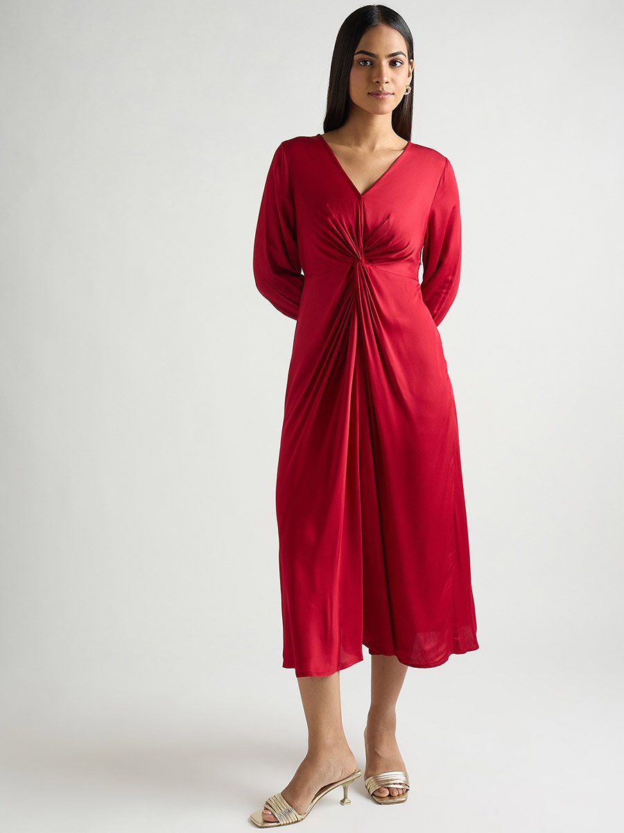 Women Red Satin Midi Dress with Twist Detail