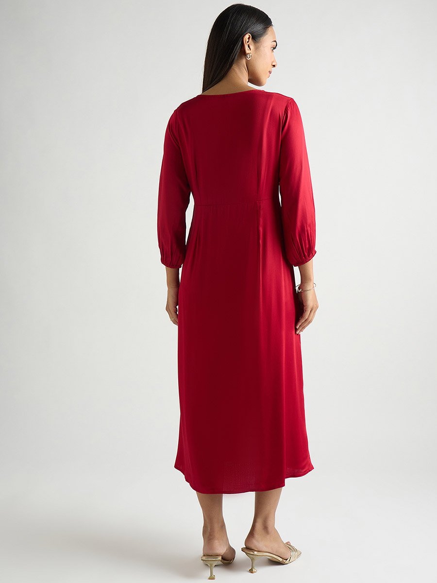 Women Red Satin Midi Dress with Twist Detail