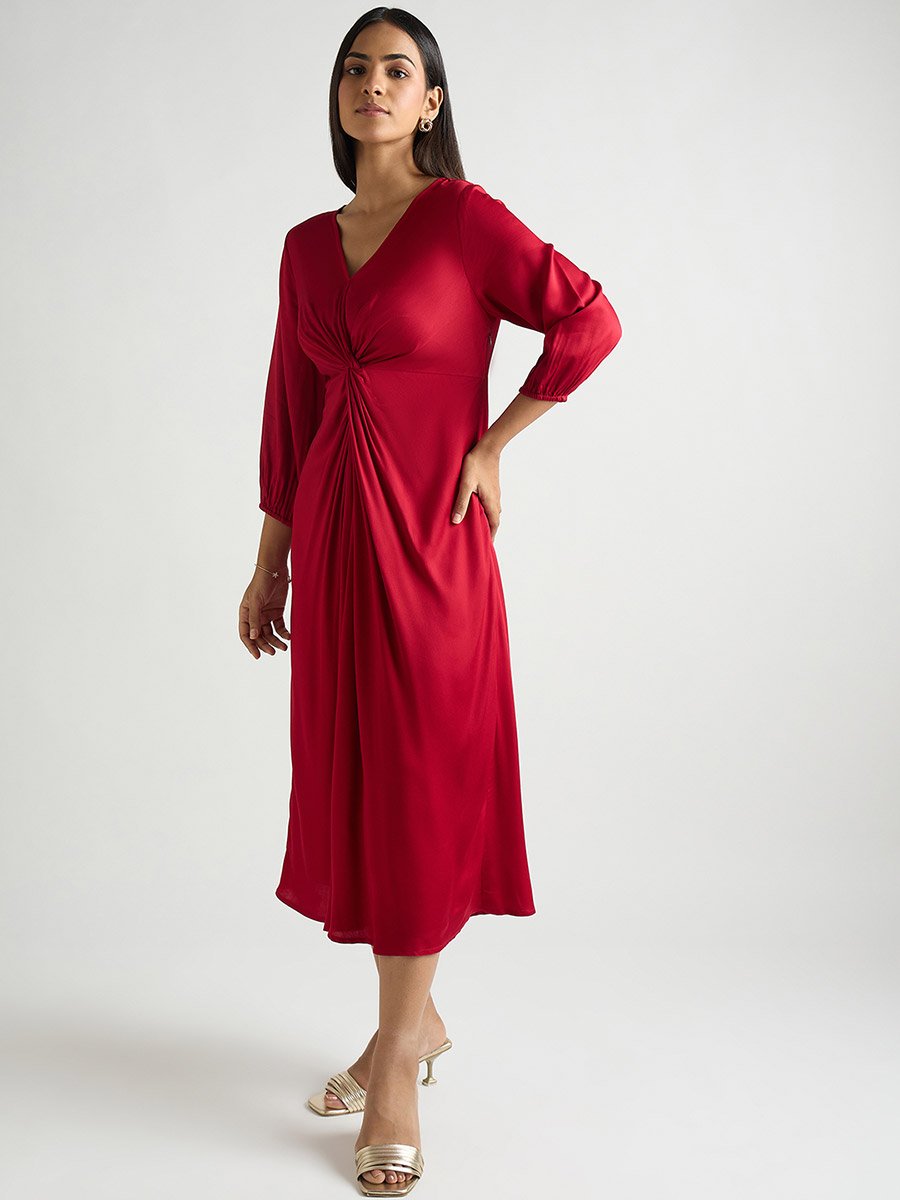 Women Red Satin Midi Dress with Twist Detail