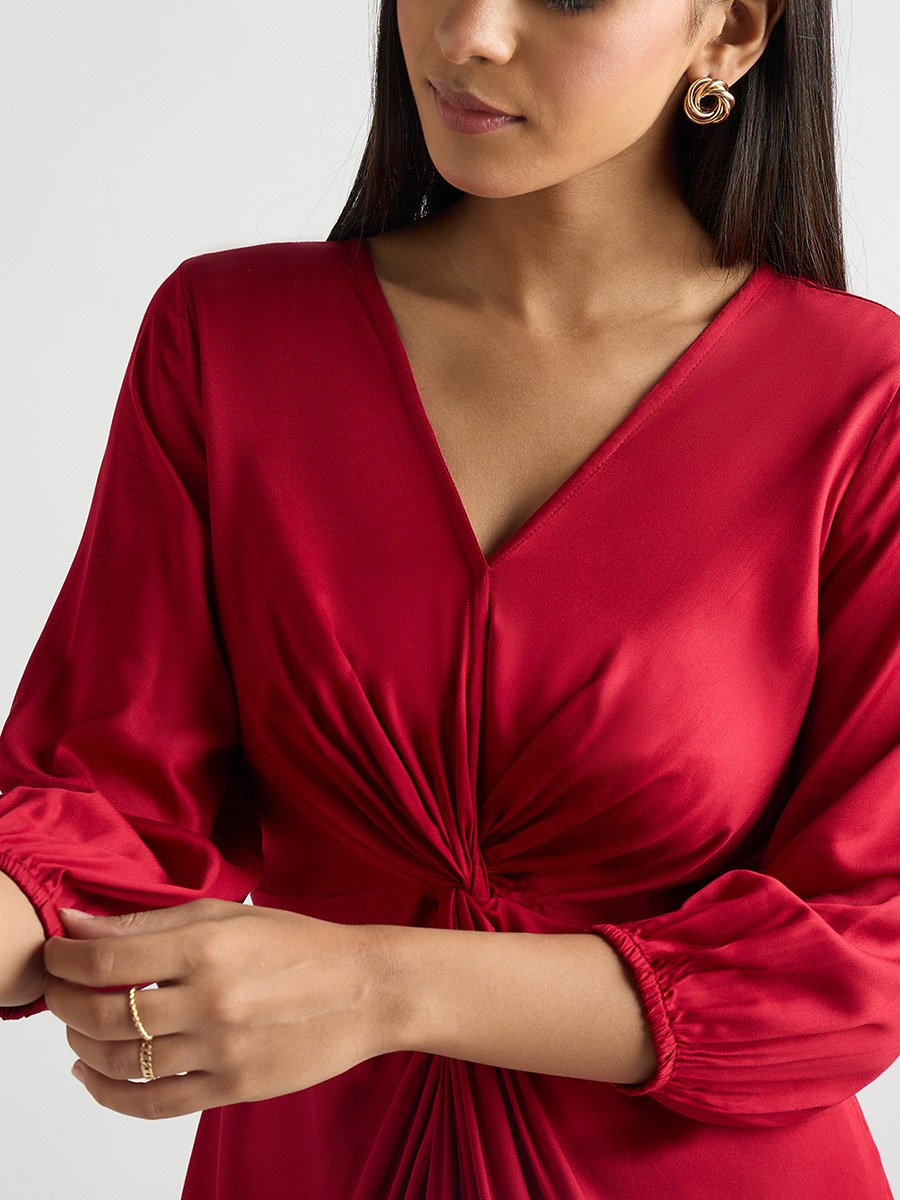 Women Red Satin Midi Dress with Twist Detail