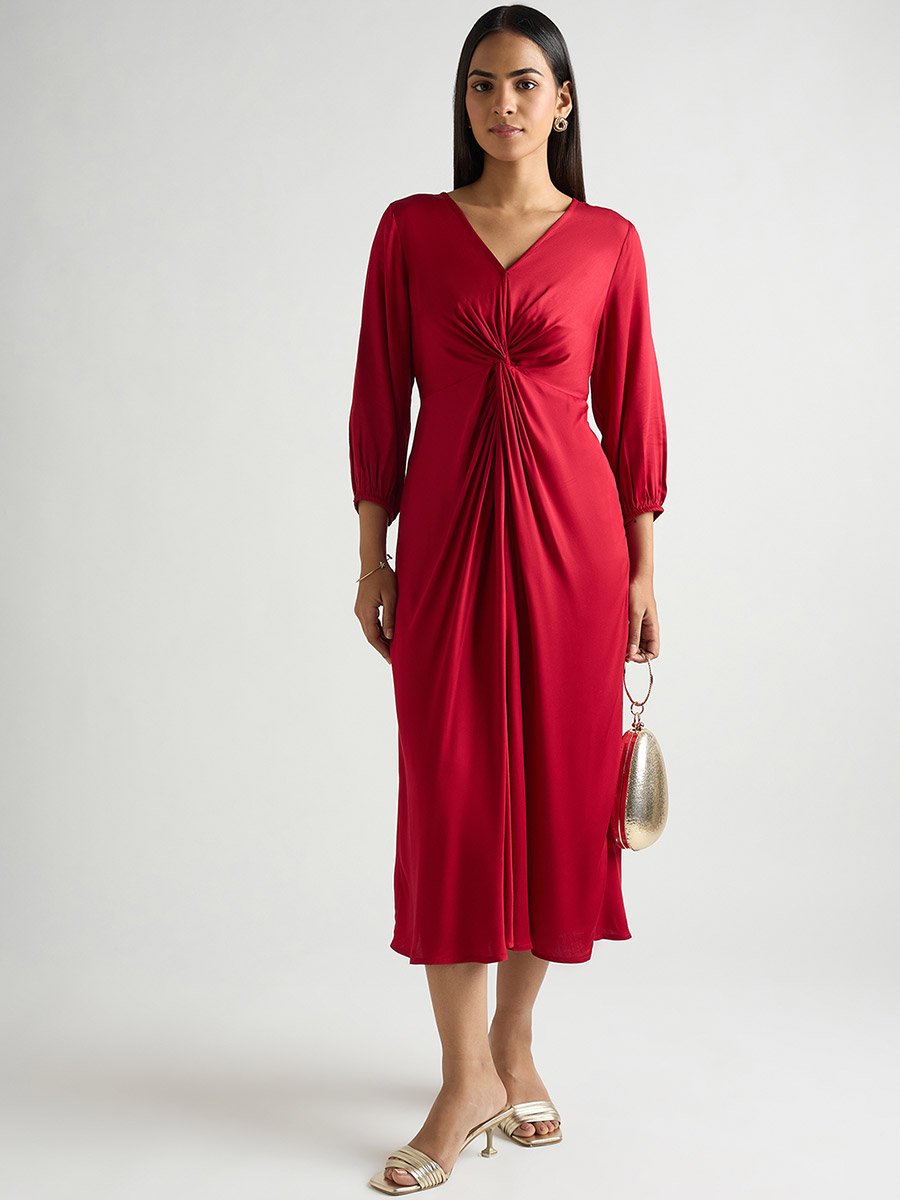 Women Red Satin Midi Dress with Twist Detail