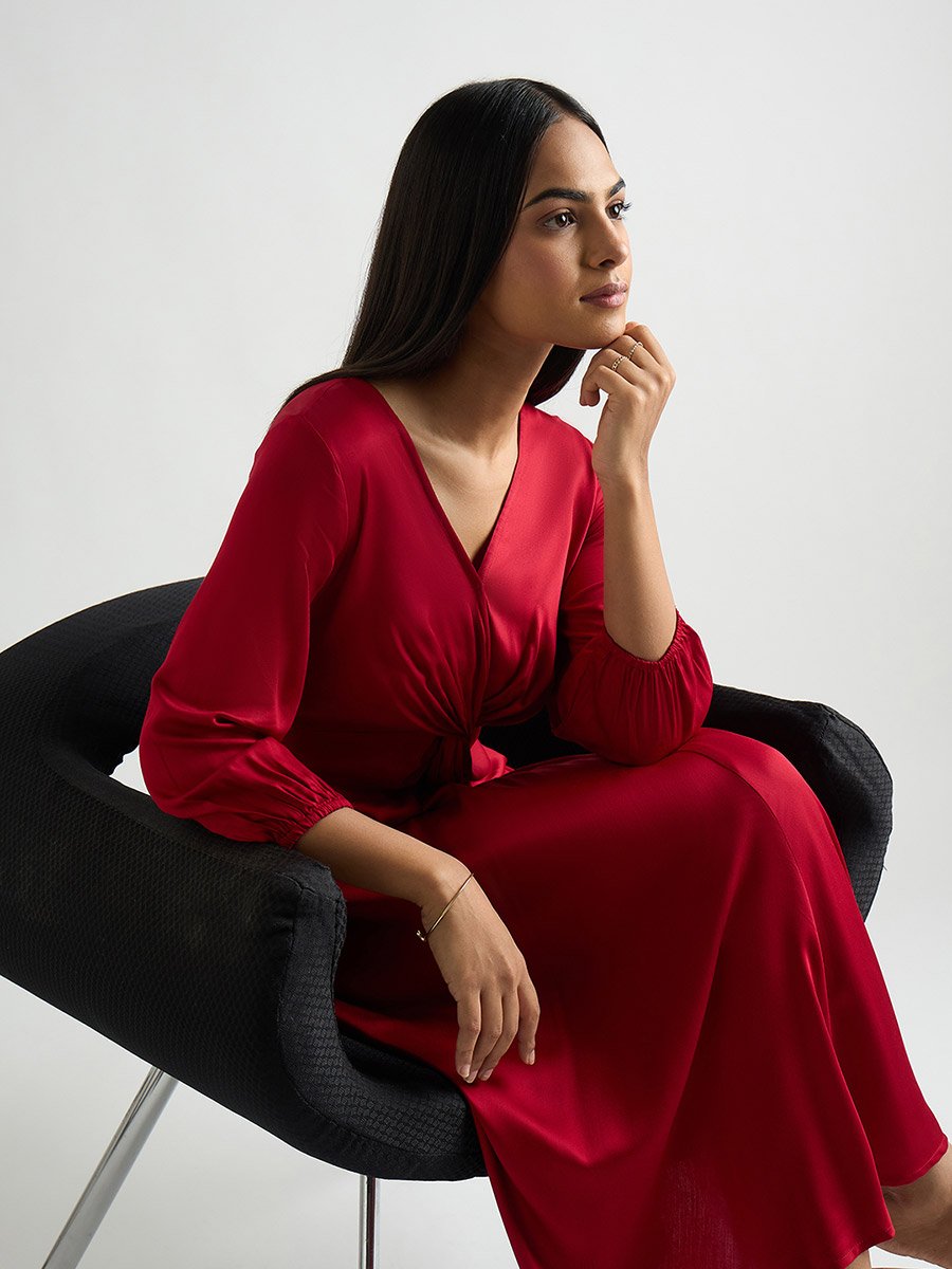 Women Red Satin Midi Dress with Twist Detail