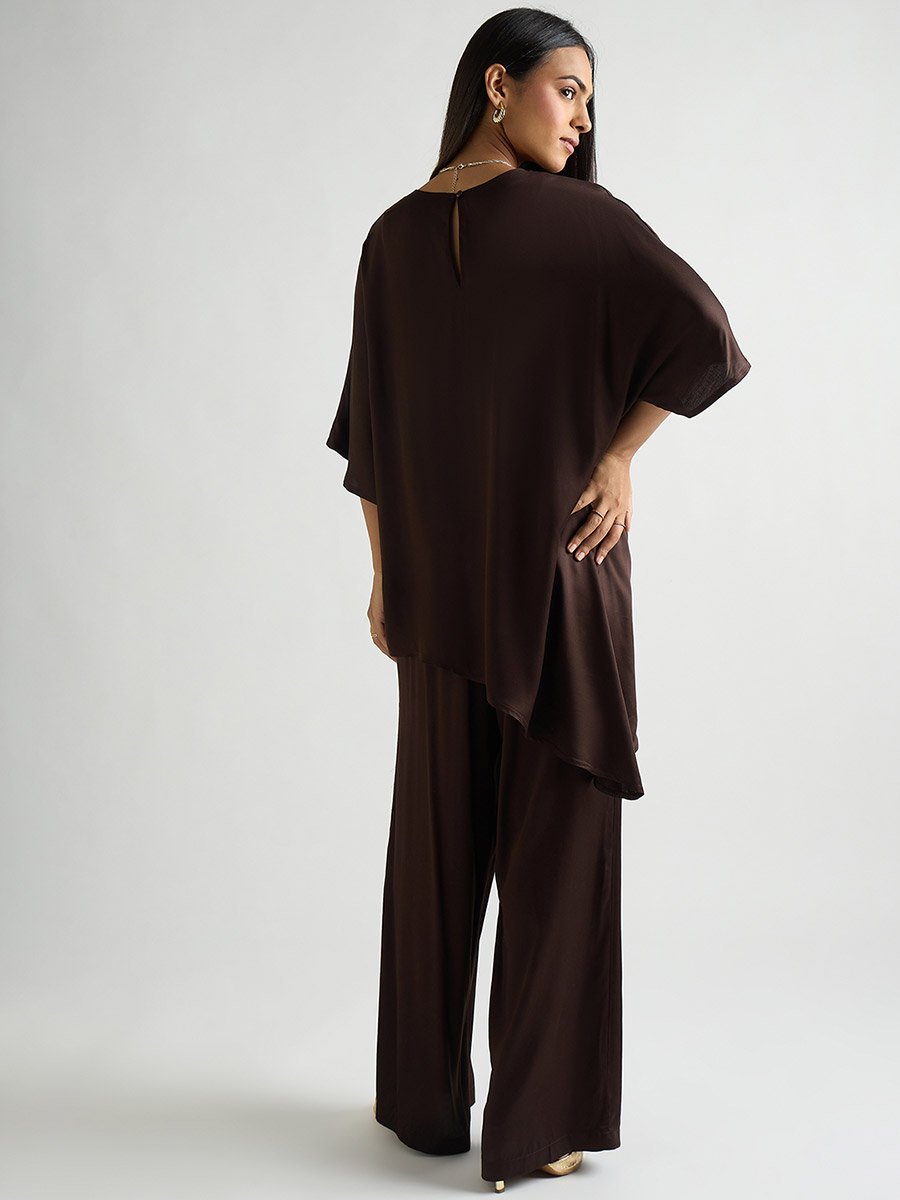 Women Brown Satin Asymmetric Top with Trousers Co-Ords